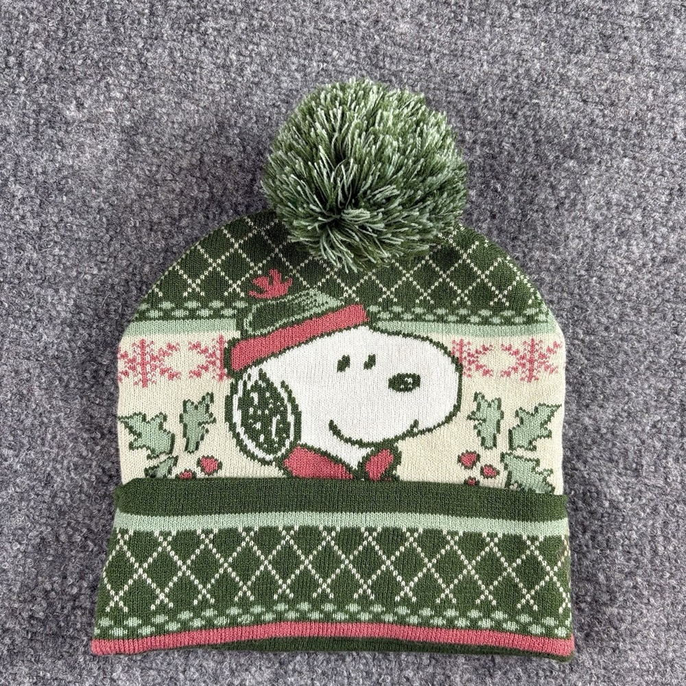 Peanuts Snoopy Beanie Christmas Fair Isle Knit Pom-Pom Hat Green One Size Cozy